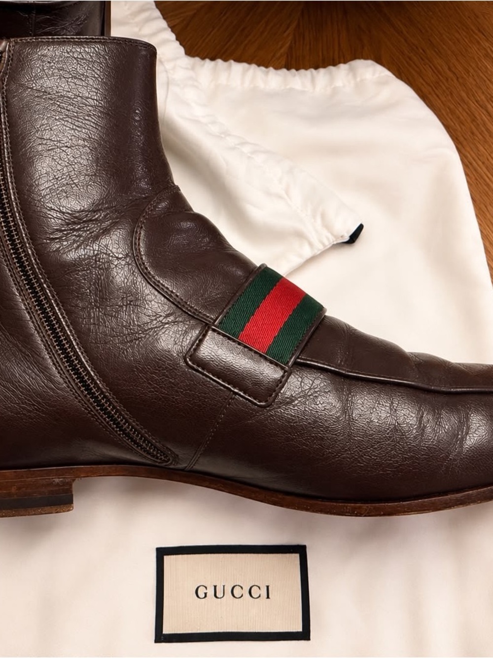 Gucci Brown Leather Men’s Ankle Chukka Boots with Green-Red Web & Gold Double G. - Picture 5 of 9